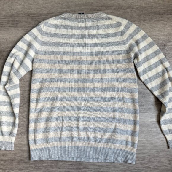Pure Amici Women's 100% Cashmere Sweater Ivory & Gray Stripe Crew Neck Size M - Picture 7 of 7